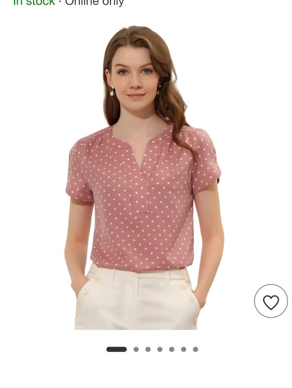 Allegra K Dusty Pink Polka Dot V-Notch Short Sleeve Blouse